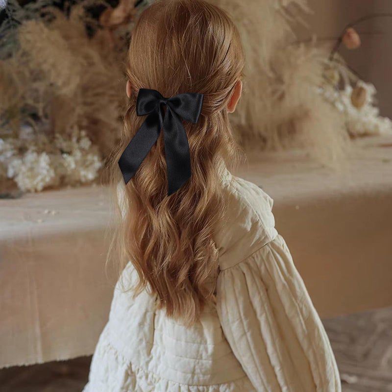 Miroksh 4" Black Silky Satin Ribbon Hair Bow Alligator Clips with Long Tail Cute Ponytail Decor Accessories for Women Halloween Graduation Party Dress New Year Gift - Image 3